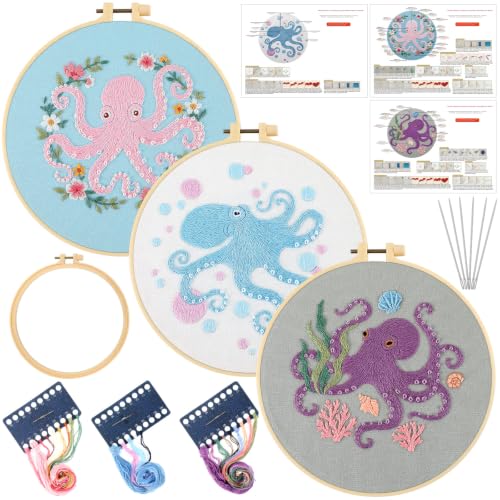 Mindsoft 3 Set Needlepoint Kit for Beginners with Hoop,Octopus - style: Octopus