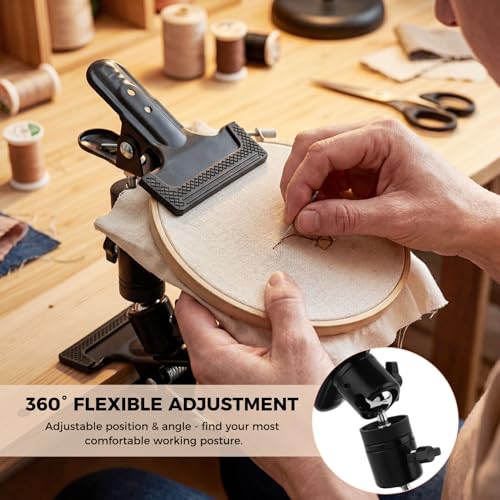 2-in-1 Embroidery Hoop Stand, 360° Rotatable Adjustable Metal Desktop Holder with Clamp, Hands-Free Cross Stitch and Needlepoint Stand for Most Hoops