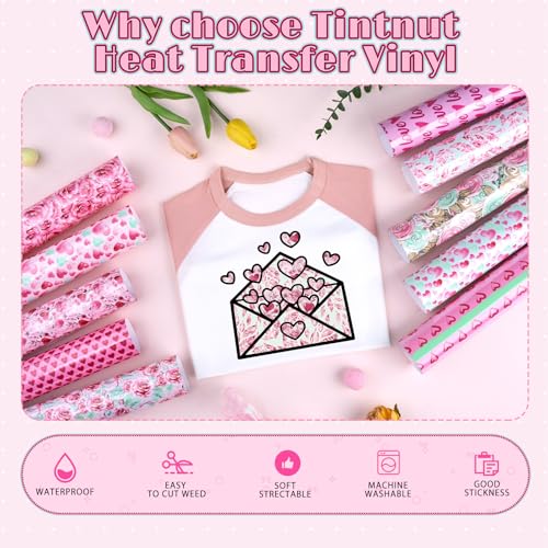 Tintnut Pink Blue Hearts & Roses HTV Vinyl,10 Pcs 12×10" Iron on Vinyl - color: Pink Blue