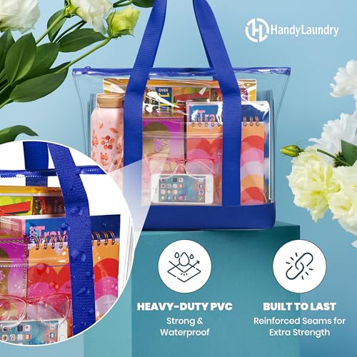 Handy Laundry Clear Tote Bag - Zipper Closure, Long Shoulder Strap, Fabric Trimming. - color: Blue