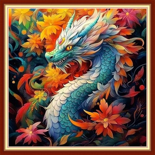 DMCVIVR Stamped Cross Stitch Kits for Beginners Adults Needlepoint Kits for Beginners Embroidery Kits for Adults Crossstitch Kit for Beginners 11CT-Colorful Flower Dragon 18x18 inchs - color: ColorNice14
