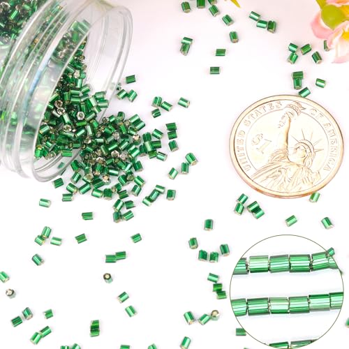6000pcs Green Bugle Beads Bulk, Embroidery Tube Short Beads for Jewelry Making, Bracelet,Necklaces Supplies,Craft DIY(3x2mm) - color: Grass green