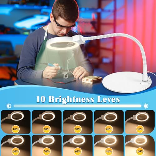 10X 30X Magnifying Glass with Light and Stand, LED Desk Lamp for Close Work - color: White