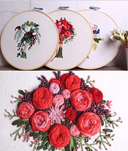3 Sets Embroidery Starter Kit with Pattern and Instructions,Cross Stitch Beginner Kits with Frame,3 Plastic Embroidery Hoops,3 Embroidery Clothes and Color Threads (3 X Flower Pattern) - color: 3 X flower pattern