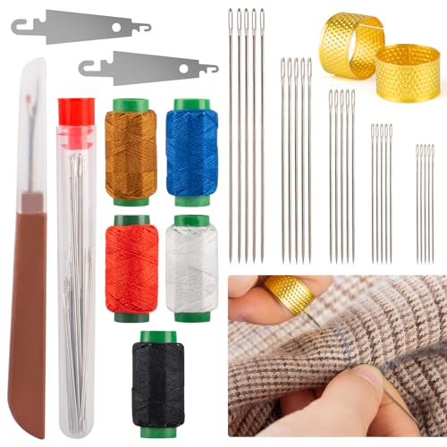 36 Pcs Sewing Tool Set, Premium Big Eye Steel Needles, Threader, Thimble, Seam Ripper & Threads Complete Needle Repair Kit for Hand Sewing