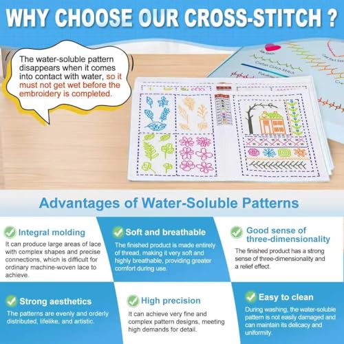XuZBDia 18CT Checkered Embroidered Fabric Stitch Book,12 Pages Water Soluble Printing Pattern Embroidery Book Embroidery，Gifts That Can Be Given to Women