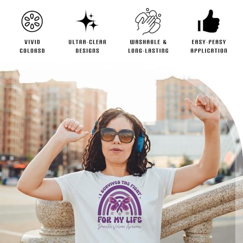 Dazoratix Domestic Violence Iron on Transfers - 24 Sheets Purple Ribbon DTF Ready to Press Heat Patches Bulk Abuse Awareness Vinyl Designs Stickers Decals for T Shirts Clothes Bag DIY Crafts Appliques - style: Domestic Violence Awareness