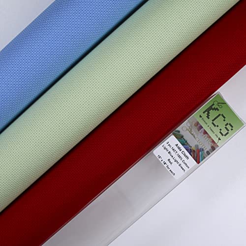 KCS 3 pc of 15" x 18" Counted Cross Stitch Cotton Aida Cloth Needlework Fabric,14CT,Light Blue+Light Green+Red - color: Light Blue+light Green+red, size: 14CT