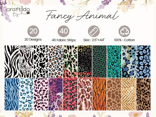 Craftido-20 Options-100% Cotton Jelly Roll Fabric Precut Strips for Quilting, Crafting, and Sewing, 40 Strips 2.5" x 44" Assorted Bundles for Rug, Quilt Project, DIY Craft and Home Decor-Fancy Animal - color: Fancy Animal