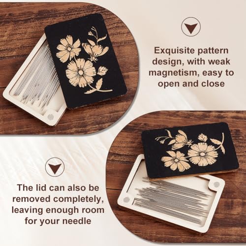 AHANDMAKER 2 pcs Wooden Needle Box Sewing Needle Storage Box Sewing Pins Organizer with Flower Print for Quilters, Sewers, Tailors, Black,3.15x1.97x0.14 Inch