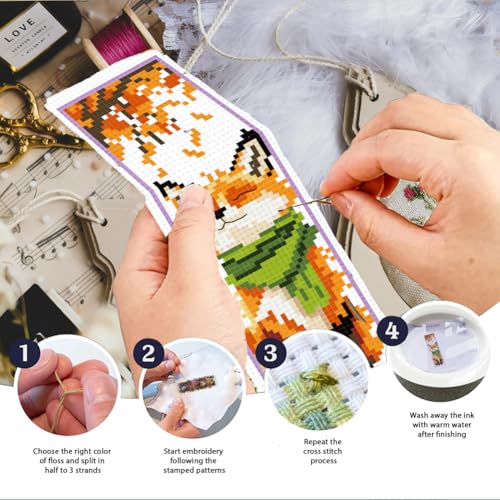 INFUNLY 6pcs Fox Cross Stitch Bookmark Kit for Beginners DIY Leaf Flower Stamped Embroidery Bookmark Kits Pumpkins Needlepoint Kit with Instruction Animal Easy Cross Stitch Set for Book Lovers Readers - style: Fox