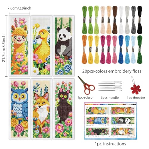 INFUNLY 6Pcs Animal Cross Stitch Bookmark Kit 3x8.5 Inch Stamped Embroidery Kit for Adults with Backing Felt Floss Pre Printed Fabric Needlepoint Bookmark Set DIY Craft Gift for Readers Writers - style: Animals