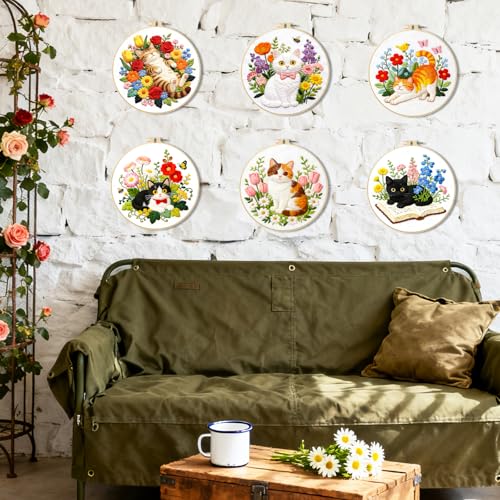BEUNITONE 6 Set Cat and Flowers Embroidery Kit for Adults Beginners, Pre-Stamped Pattern Needlepoint Kits with Hoop, Tools, Instruction, Hand Embroidery Kits for Gifts, Fabric and Home Decor 7.9x7.9 - style: Cats Flowers