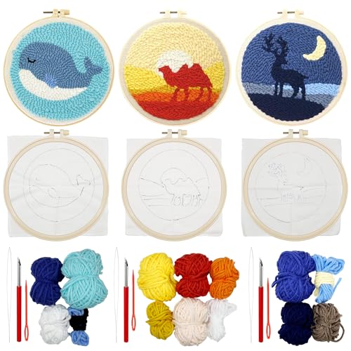 Allazone 3 Set Punch Needle Embroidery Kits, Punch Needle Kits for Adults Beginner, Punch Needle Tool with Punch Needle Cloth, Yarns and Sewing Needles (Camel, Whales), animal - color: animal