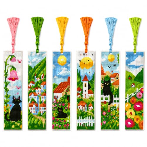 Zhenqing Black Cat Stamped Cross Stitch Bookmark Kit, 6 Designs - color: Cottagecore Black Cats in Countryside Gardens