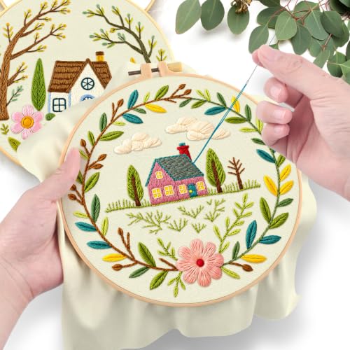 ERKOON Embroidery Kit for Adult Beginners, 2 Set Floral Cross Stitch Set Include Embroidery Cloth Hoops Threads for Craft Lover Hand Stitch with Embroidery Skill Techniques (Flower Cottage) - color: Flower Cottage