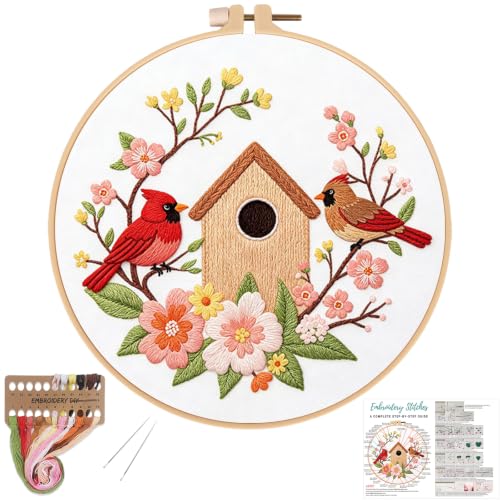 Louise Maelys Cardinal Birdhouse Flowers Embroidery Kit for Beginners - color: Cardinal Bird and Birdhouse