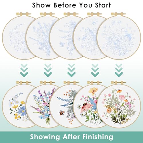 ERKOON Embroidery Kit for Beginners, 5 Sets Flower Cross Stitch Set for Adults Include Embroidery Cloth Hoops Threads for Craft Lover Hand Stitch with Skill Techniques (Flower) - color: Flower