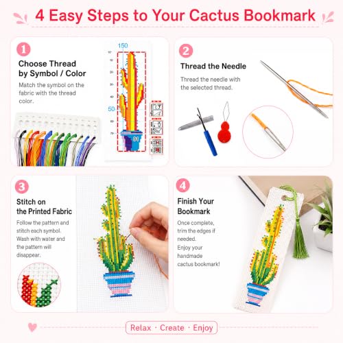 Zhenqing Cactus Stamped Cross Stitch Bookmark Kit, 6 Botanical Plant Designs on 11CT Fabric for Beginners, Book Lover Gift - color: Cactus Botanical Bookmark
