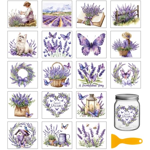 GLOBLELAND 18 Sheets Retro Lavender Rub on Transfer 3.9x3.6inch Colorful Flowers Butterfly Vase Home Decals Cat Cup Transfer Stickers for Furniture Vase Glass Art Crafts Decorations - style: Lavender