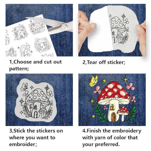 BENECREAT 4Sheets 48Pcs Mushroom Hut Water Soluble Embroidery, 11.7x8.3inch Stick and Stitch Embroidery Paper Stabilizer Water Soluble Hand Sewing for Shirts, Coats, Bags - color: Mushroom Hut
