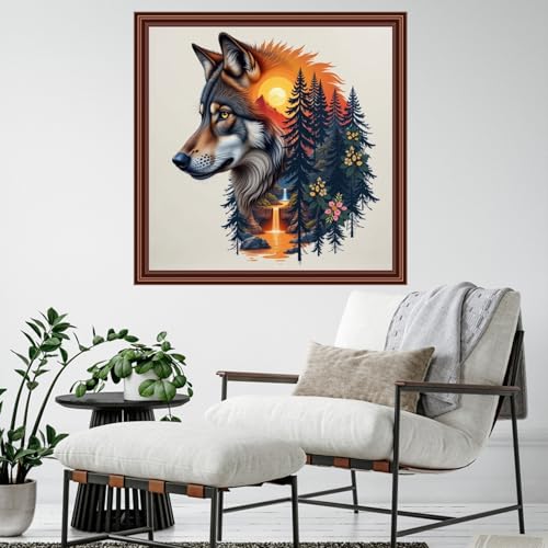 Dimensean Counted Cross Stitch Kit for Beginners, 11CT Unprinted Cross-Stitch Kit Easy Patterns Needlepoint Kit Cross Stitching Embroidery Kit Supplies-Abstract Wolf Landscape 18x18 inch - color: ColornNEW14