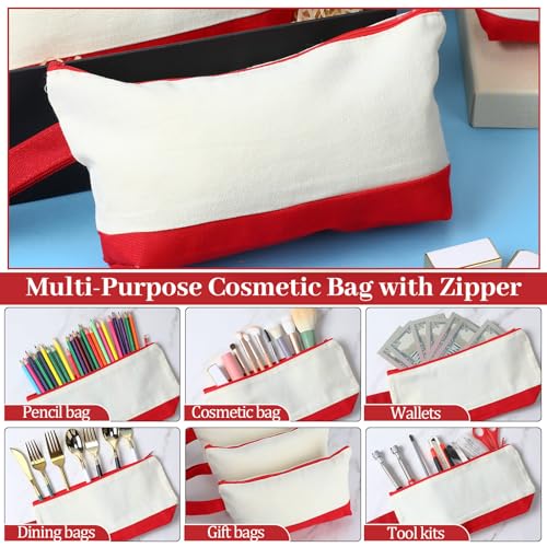 Silkfly 15 Pcs Cotton Canvas Makeup Bags Cosmetic Zipper Bags 10.2 x 5.5 x 2'' Blank DIY Pouch Bulk Pencil Case with Bottom Travel Toiletry Pouch for Women Craft Decor Gift (Beige and Red) - color: Beige and Red
