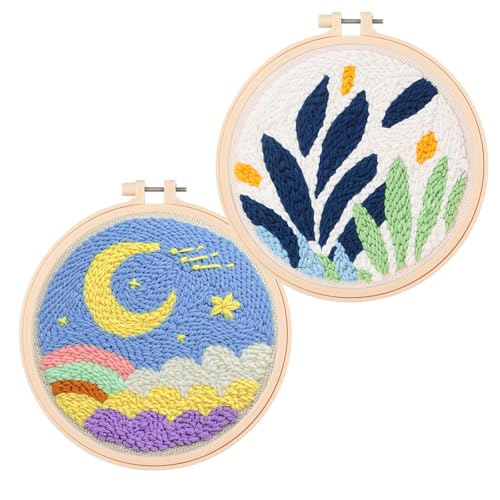 Cheloment 2 Sets Punch Needle Kits with 5mm/3.5mm Punch Needle,Fabric,Threader, Yarns and Hoops Embroidery Starter Kit for Adults Beginner, Perfect for DIY Craft and Decoration (Moon&Leaf) - size: Leaf & Moon