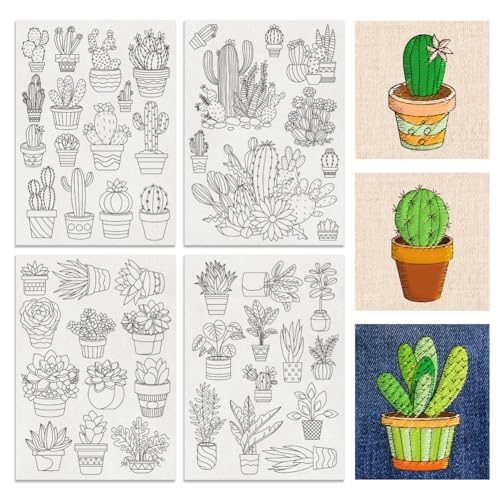 BENECREAT 4Sheets 48Pcs Potted Plants Water Soluble Embroidery, 11.7x8.3inch Cactus Succulents Stick and Stitch Embroidery Paper Stabilizer Water Soluble Hand Sewing for Shirts, Coats, Bags - color: Potted Plants