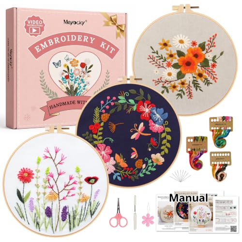 Meyocky Embroidery Kit for Beginners with Floral Leaf Patterns Stitch Video - color: Floral