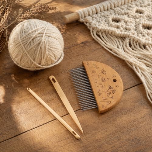 SEWACC Wood Hand Loom Comb Set, Weaving Comb with Needle and Crochet Hook, Wood Knitting Loom Tool for DIY Tapestry Knitted Crafts