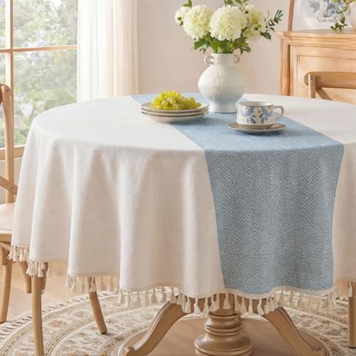 Softalker Outdoor Linen Round Tablecloth with Tassel, 55 x 55 Inch - color: Blue Stripe, size: 55" (Round)