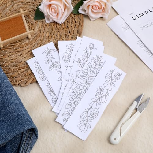 27 Pcs Water Soluble Stabilizer Embroidery Patterns Flower Vine Embroidery Pattern Sewing Flowers Border Pre-Printed Floral Stick & Stitch Paper for Jean Bag Tshirt Bags Towels 4 Sheets