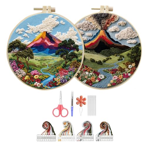 Hzkokon 2 Pack Embroidery Kit for Beginners Adults Cross Stitch Kits Hand Embroidery Kit Includes Stamped Flower Pattern, Hoop, Color Threads,Tools & Follow Instruction - color: volcano