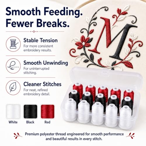 Simthread 15-Color Polyester Machine Embroidery Thread Set, 5W 5B 5R - color: 15C-White-Black-Red