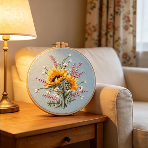 Silentsea Embroidery Kit – Sunny Sunflowers with Delicate Purple and White Floral Accents, Perfect for Beginners and Craft Lovers - color: Sunflower