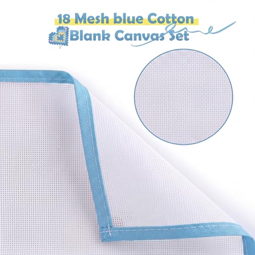 3 Pcs Blank Needlepoint Canvas 18 Mesh with Blue Bias Tape Edge - color: Blue