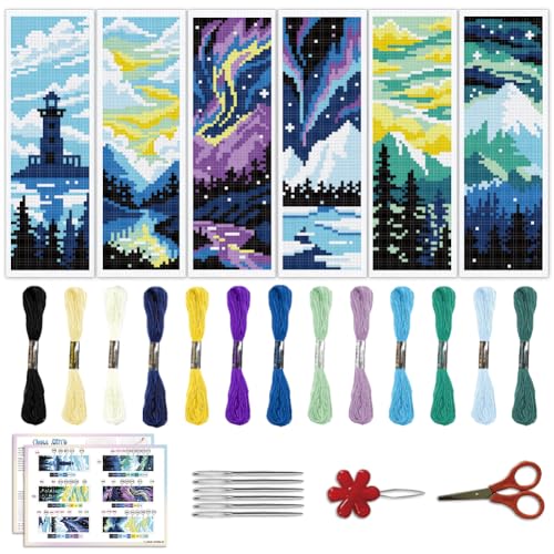 ACRNIGHEET 6PCS Cross Stitch Bookmark Kits for Beginners Stamped Pattern - style: Landscape Patterns 2