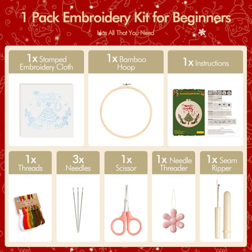 wtisan Christmas Embroidery Kit, Cross Stitch Kits for Beginners, Needlepoint with All Tools & Instructions, Stamped Hand Embroidery Starter Kit for Holiday Crafts & Xmas Home Decor, W18 - color: W18, size: 1 Pack