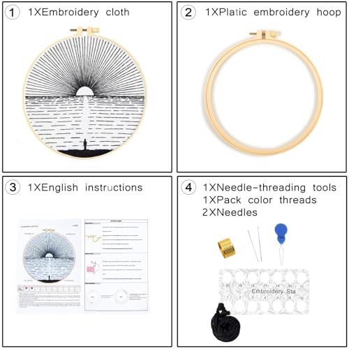 Crafmanoe Hand Embroidery Kits for Beginners Adults, Ocean Sunrise Embroidery Starter Kits, Counted Cross Stitch Kits for Beginners Adults Hobbies Sets for Women, Embroidery Hoops, Fabric and Thread - color: H668, size: 8Inch