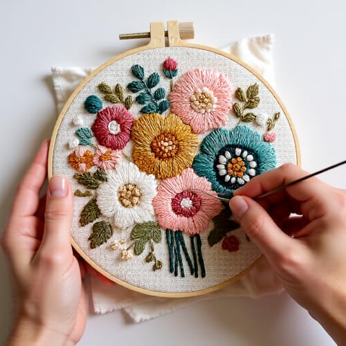 Embroidery Kit for Beginners & Adults Starter Kit, Cross Stitch Kits,DIY Hand Embroidery Needlepoint Set with Hoop, Pre-Printed Fabric, Threads and Instructions (Flower-2) - color: Flower-2