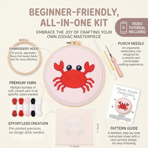 Harimau Punch Needle Kit Twelve Zodiac Signs Pattern,1Pc Embroidery Hoop, Essential Punch Needle Supplies,Ideal Punch Art for Beginners,DIY Adults Embroidery, Video Teaching - color: 65278