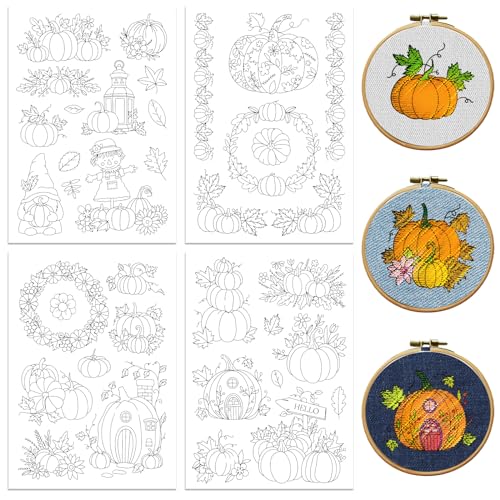 Peacoblue Pumpkins & Maple Leaves Stick and Stitch Embroidery Patterns - color: Pumpkins & Maple Leaves in Autumn