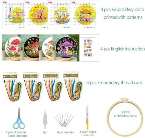 Zhenqing 4 Mushroom Cross Stitch Kit, 11CT Printed Fabric with Hoop - color: 4 mushroom kit