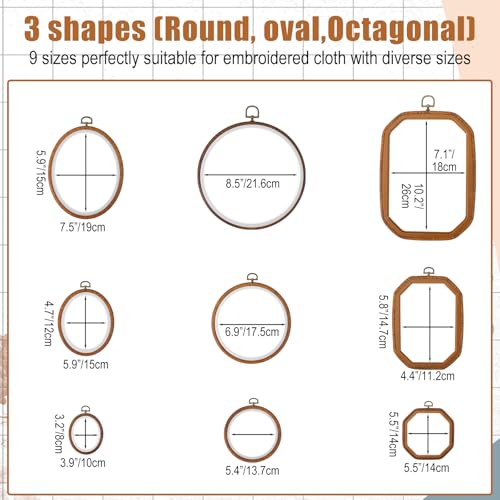 9 Pack Embroidery Hoop Frame Large 4 Shape Decorative Imitated Wood Display Frame Circle Cross Stitch frames Hoop Ring for DIY Art Craft Sewing Ornaments, Circle Oval Octagonal Shape and Hanging Decor