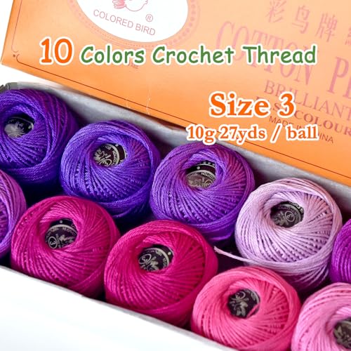 Soft 10 Pearl Cotton Crochet Thread in Balls,Size 3 Rainbow Classic Colors Crochet Thread for Crochet Hardanger Cross Stitch Needlepoint Hand Embroidery(Purple) - color: Purple