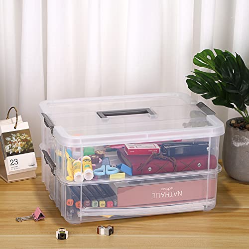 BTSKY 2 Layer Stack & Carry Box, Plastic Storage Container Box with Lid - color: Dark Grey