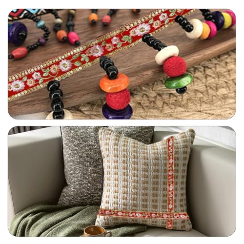1.5 Inch Red Embroidered Woven Ribbon Trim Jacquard Ribbon 3D Flower Embroidery Tape Boho Floral Fabric Sewing Applique Ribbons for Sewing Making Craft Gift Diy Christmas Embellishment Decor - color: Red