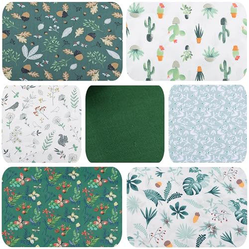7pcs Green Floral Solid Printed 100% Cotton Quilting Fabric Fat Quarters Bundles 18 x 22 inch - Soft Cotton Squares for Quilting, Accessories, Upholstery, Crafts, and Quilt - color: Green