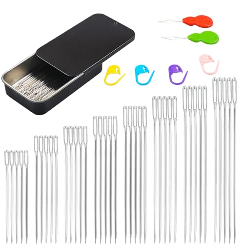 Eketirry Large Eye Sewing Needles, 8 Sizes Hand Sewing Sharp Needles, Embroidery Needle, Leather Needle,Stainless Steel Yarn Needles with Threaders & Stitch Markers (Black 80pcs) - color: Black 80pcs